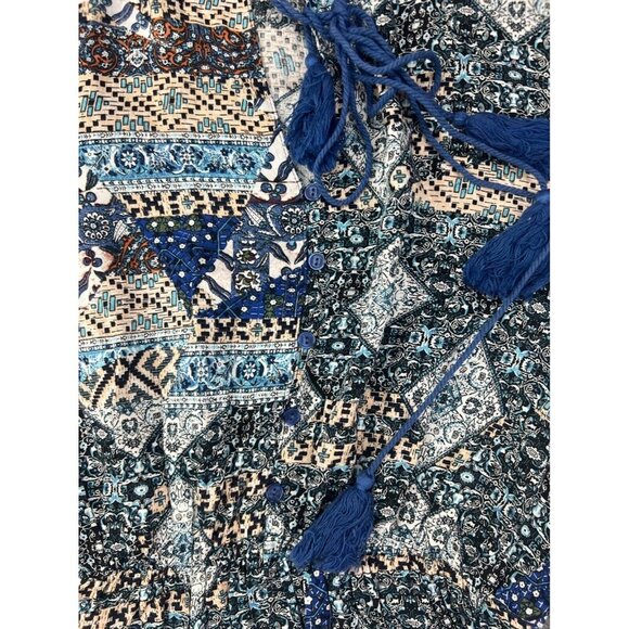 Jaase Long Sleeve Dress Women's XS Blue Multi Print Button Up Elastic Tassel - Picture 3 of 8